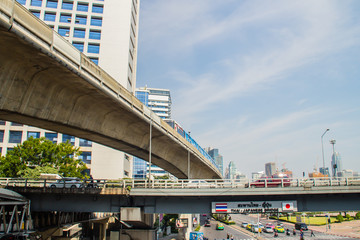 Sky train bridge structure with beam and girder under blue sky background. Railway and tollway in the city with blue sky background. Public area in Bangkok, Thailand.