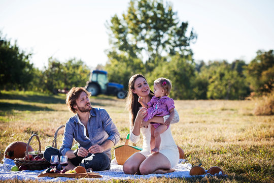 Family having picnic in field with their baby daughter (6-11 months) 
