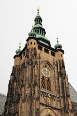 Prague, Czech Republic, January 2015. The central tower of the Catholic Cathedral with a clock.