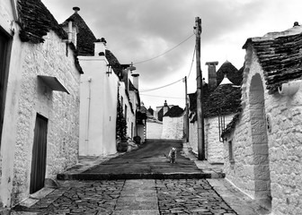 Unique Trulli houses of Alberobello, Puglia region, Italy. Black and white image.