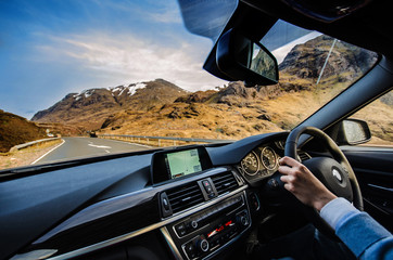 In Scotland on the road view from the car on Highlands