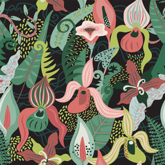Tropical flowers and leaves. Jungle - seamless vector pattern. - 250901859