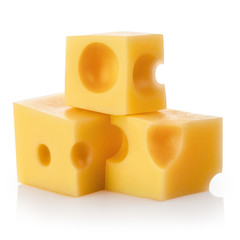 Three small pieces of delicious cheese, isolated on white background