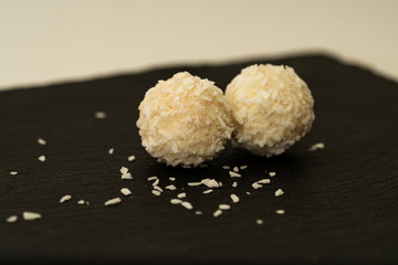 Close up of rafaello homemade delicious candy. Delicious appetizer with luxury look