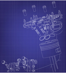 Candle, valve and piston on a blue