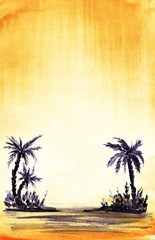 The real watercolor background. Yellow sand and yellow sky. Dark silhouette of a palms tree. Allegoric desert, and oasis. Sandy sea, dust storm. Watercolor on wet paper