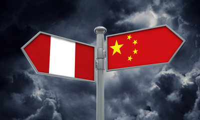 China and Peru flag sign moving in different direction. 3D Rendering