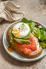 Salmon, avocado and poached egg sandwich, healthy eating