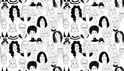 Women's head seamless pattern background grunge line drawing doodle poster