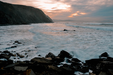  beautiful sunset on the coast of Basque Country, on the beach of barrika. Biscay