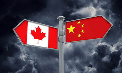 China and Canada flag sign moving in different direction. 3D Rendering