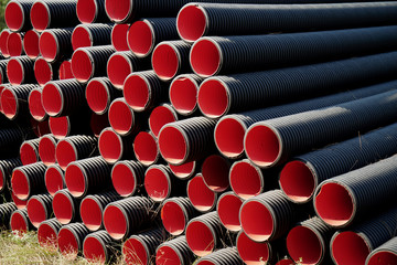 High-density Polyethylene (HDPE) corrugated water pipes of prepared for laying        