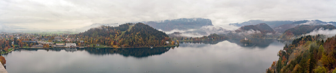 Fototapeta premium Beautiful aerial autumn landscape around Lake Bled