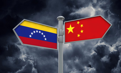 China and Venezuela flag sign moving in different direction. 3D Rendering