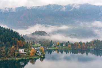 Fototapeta premium Beautiful aerial autumn landscape around Lake Bled