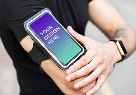 Man Wearing Smartphone on Armband Mockup