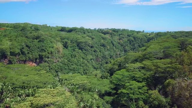 Beautiful views of Chamarel hills, tropical rainforests and valleys, Mauritius island. Flight above Chamarel nature park.