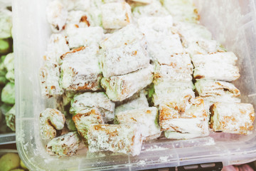 Fresh tasty homemade cookies at food market