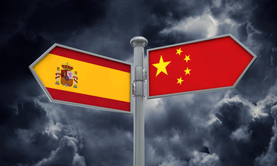 China and Spain flag sign moving in different direction. 3D Rendering