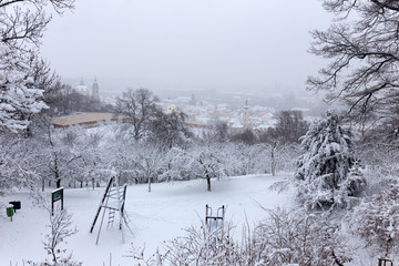 Snowy foggy Prague City , Czech Republic
