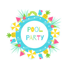 Summer Pool or Beach Tropical Theme Party. Vector Poster or Invitation Card Design - 250908496