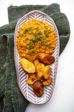 Chana masala with fried plantains