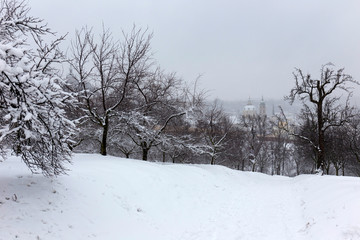 Snowy foggy Prague City , Czech Republic