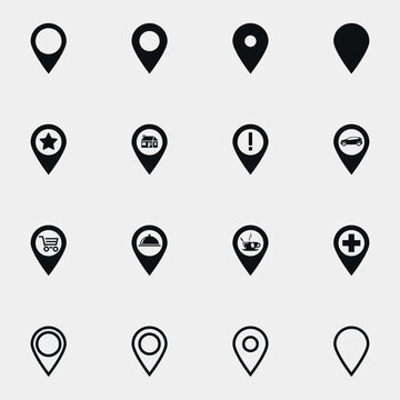 Set of location pins black and white vector icon.