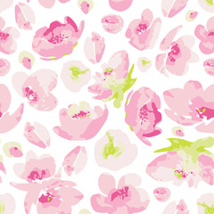 Vector seamless pattern, blooming abstract creamy pink flowers on white background. Use in textiles, interior, wrapping paper and other design.