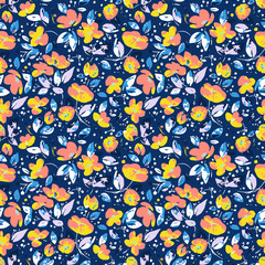 Vector seamless pattern with blooming abstract coral, yellow flowers and blue, purpur leaves on navy background. Boho style. Use in textiles, interior, wrapping paper and other design.