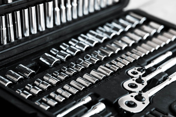 Nickel-plated socket wrenches. Car repair set tools . Car mechanic tool