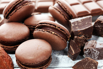 Sweet and colourful french macaroons or macaron with chocolate.