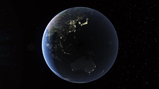 Realistic 3d animated earth showing the borders of the country Fiji and the capital Suva in 4K resolution at nighttime