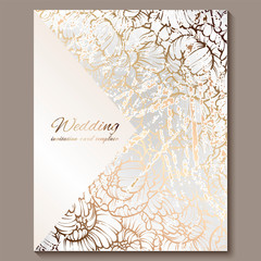 Antique royal luxury wedding invitation, gold on white background with frame and place for text, lacy foliage made of roses or peonies with shiny gradient