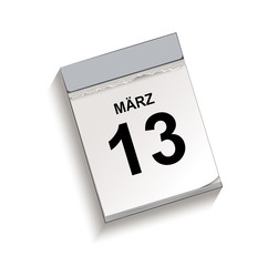 Kalender März 13, Abreißkalender mit Datum, Vektor Illustration isoliert auf weißem Hintergrund