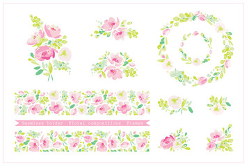 Vector set with floral seamless border, round frames and compositions of pink flowers, soft green and creamy colors. To use in the design of cards, invitation, textiles, fabrics, printing and so on.