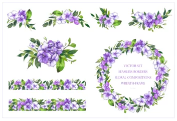 Fotobehang Vector set with floral seamless border, round frame and compositions of purple hydrangea flowers and green leavess. To use in the design of cards, invitation, textiles, fabrics, printing and so on. © inna72