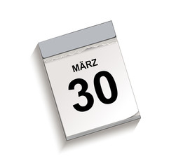 Kalender März 30, Abreißkalender mit Datum, Vektor Illustration isoliert auf weißem Hintergrund