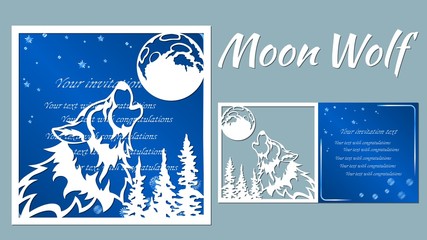 The wolf howls at the moon. Vector illustration. Paper wolf sticker. Laser cut. Template for laser cutting and Plotter. Vector illustration. Sticker. Pattern for the laser cut, serigraphy, plotter and