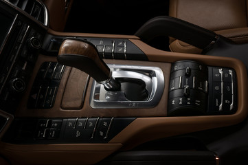 Automatic transmission in modern car. Interior detail.
