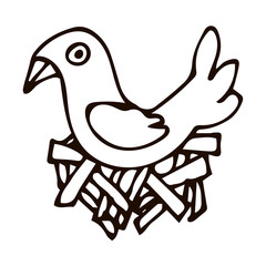 Cartoon doodle linear bird in the nest isolated on white background. Vector illustration.