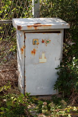 Partially rusted grey electrical high voltage outdoor box with safety switch and warning lights on broken open doors surrounded with dense vegetation and metal fence at abandoned industrial complex on