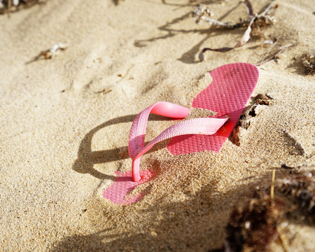 A single pink flip-flop bathing shoe lies deserted on a sandy beach, it is partially covered with sand, along with seaweed and other plant remains, striking silhouette in the sand