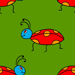 Seamless pattern with cartoon doodle linear ladybug, bug. Insect background. Vector illustration. 