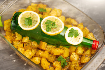 Trash Bottle in Potatoes, Environmental Pollution, Garbage, Dirt, Plastic, Bottles. Conception Rescue Contamination from Garbage in the Ocean, Sea, and Land