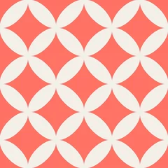 Gordijnen Naadloos geometrisch patroon van cirkels op een koraalachtergrond. Eenvoudig geopatroon. Kledingstof print, wikkelpapier textiel. Levend koraal. 2019 kleur © kokoshka