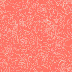 Seamless vintage pattern with peony flowers on a coral background. Vector hand drawn illustration. Graphic hand drawn floral pattern. Textile fabric design. Living coral. 2019 color