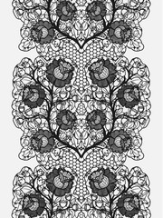 Lace seamless belt with embroidered flowers. Vertical black pattern on a white background.