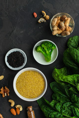 concept of healthy food (legumes, greens, spinach, lentils and other) superfood. Food background