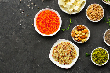 concept of healthy food (legumes, greens, spinach, lentils and other) superfood. Food background